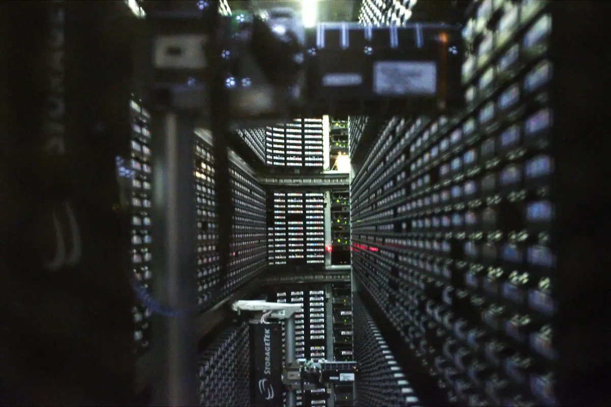 Inside a backup tape library